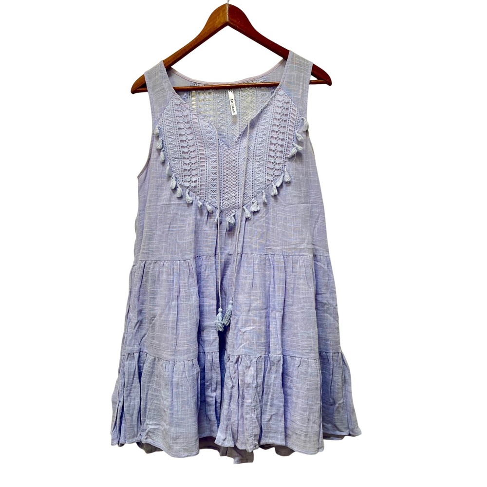 Indikah Lavender Cotton Crochet Lace Tassel Tiered Boho Mini Dress Womens Medium